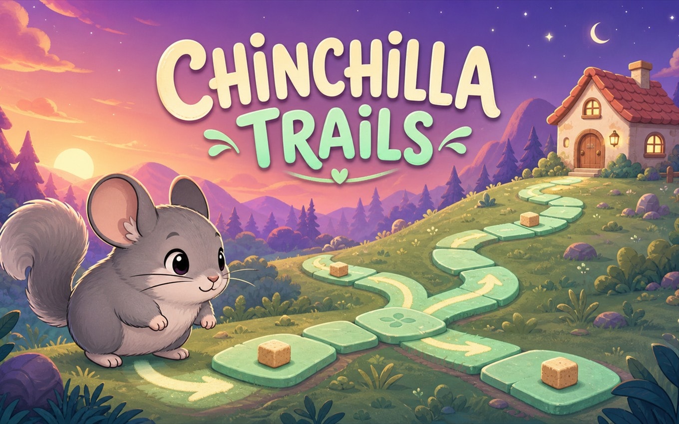 Chinchilla Trails cover art: a fluffy grey chinchilla beside a mint-green tile path winding over hills to a cottage under a lavender dusk sky.