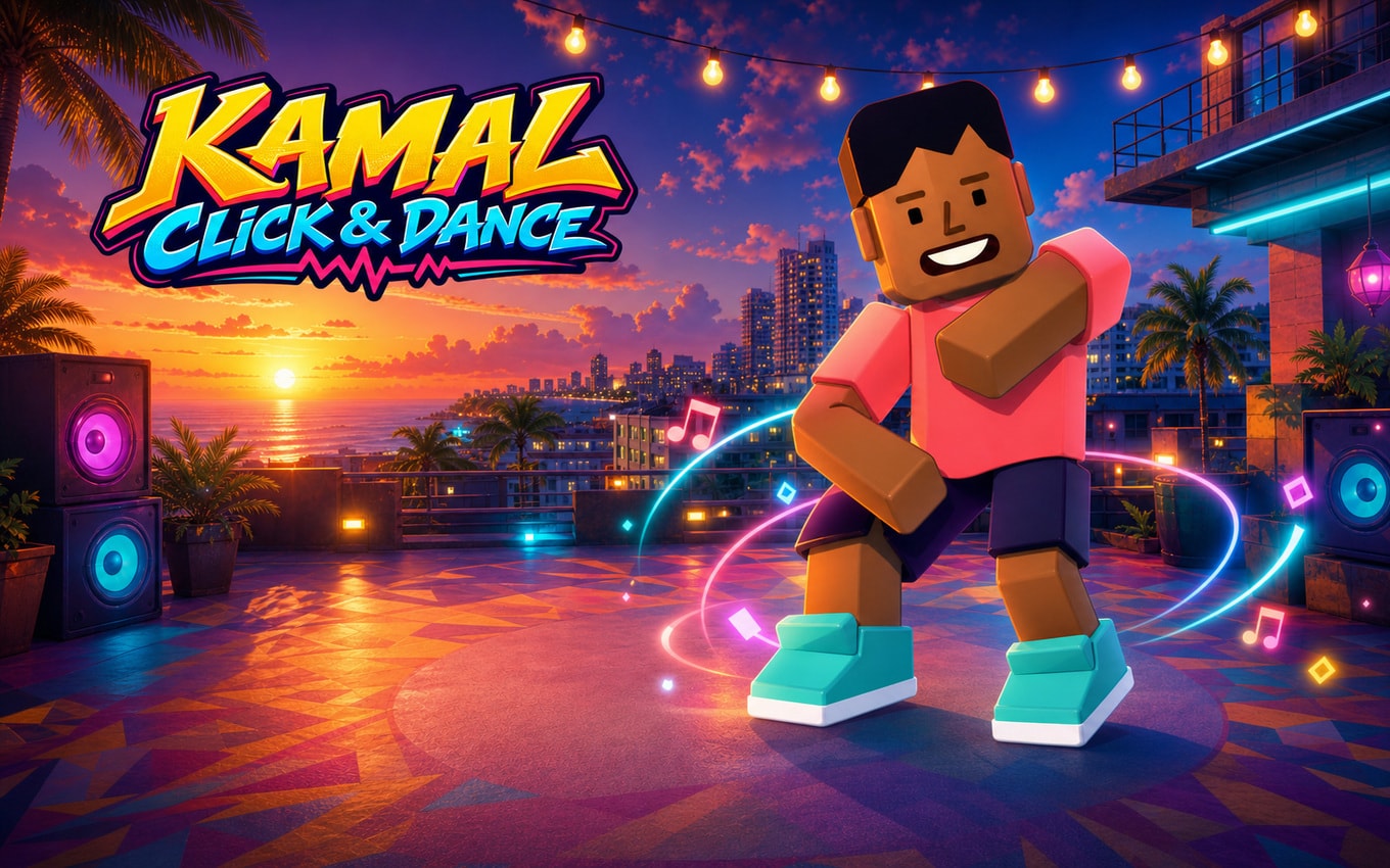 Kamal Click & Dance cover art: a blocky voxel dancer on a neon-lit rooftop party with speakers, festoon lights and a city skyline at sunset.